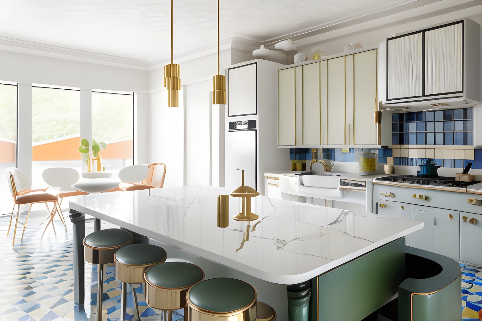 Photo of an art deco-style kitchen with central island and stools